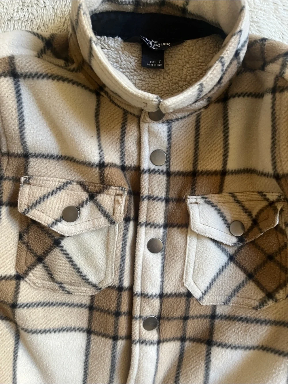 Boys Eddie Bauer Beige and Brown Plaid Fleece Shacket
